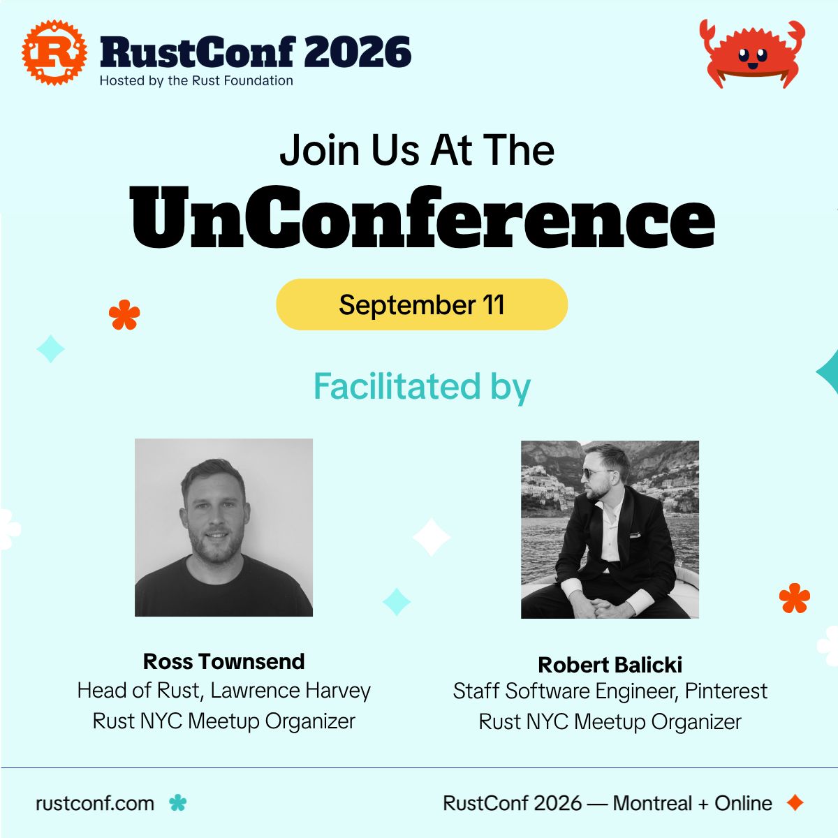 rustconf's tweet photo. The RustConf UnConference is back on Sept 11! 🦀

Instead of an agenda, you'll find a freeform discussion event where the Rust community shapes its own conversations. Helping keep things moving: @RossTheRustGuy & Ross Townsend and @StatisticsFTW both @rust_nyc meetup organizers 🎉 

Bring your questions, your ideas, your curiosity. 

Register (spots are almost gone!) https://t.co/rXZ4OqDkkp