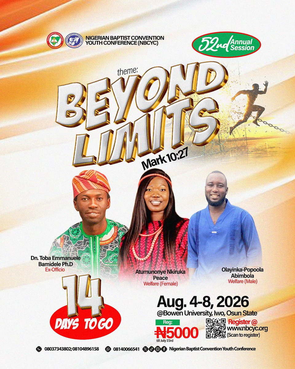 nbcyc_official's tweet photo. 💃💃💃💃

It's 14 days to #NBCYC

Register  at https://t.co/1pBCV1hZnF 

#BeyondLimits
#BaptistYouth https://t.co/GPK1scTEbs