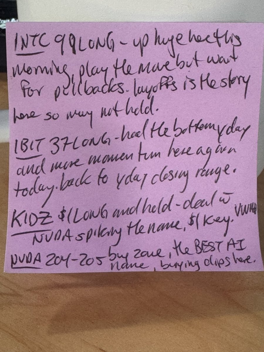 tradertvshawn's tweet photo. π¨ July 21, 2026 Market Pulse π₯
Key levels and setups in focus today β hereβs what my sticky note is watching π #stickynote
π Sticky Note Alpha
$INTC 99 LONG - Up huge yesterday morning, play the move but wait for pullbacks. Layoffs is the story here so may not hold.
$IBIT 37 LONG - Held the bottom yesterday and more momentum here again today. Back to yday closing range.
$KIDZ $1 LONG and held - Deal w $NVDA Spiking the name, $1 Key and where #VWAP is.
$NVDA 204-205 Buy zone, the BEST AI name, buying dips here.
Which of these are you playing today? Drop your thoughts below! π
#DayTrading #StockMarket #OptionsTrading #TradingSetup #INTC #NVDA #IBIT
@ttvresearch @tradertvlive