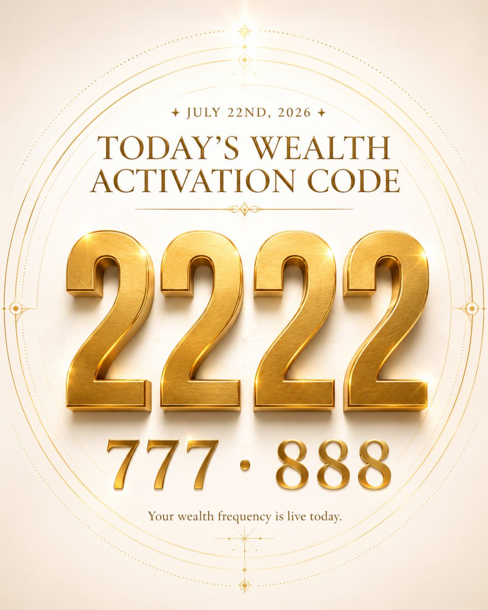 imoneymantra's tweet photo. 2222 · 777 · 888. Today's wealth frequency - calibrated specifically to July 22nd, 2026.

2222 is the gateway code - the number that thins the membrane between intention and physical reality. What you hold in clear belief today manifests faster than usual.

777 is divine luck at full activation. Every decision carries disproportionate return on a 777 day.

888 removes every ceiling from what you are available to receive. Unlimited. No cap.

Say this code out loud three times this morning. Return to it at noon. Claim every financial gift that today was loaded with before you even woke up.