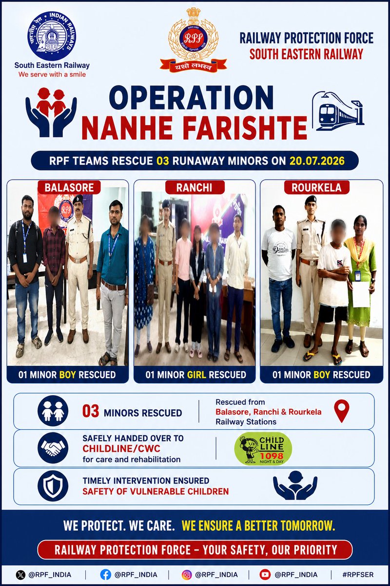 rpfser's tweet photo. 🚨 #OperationNanheFarishte👦👧 03 Minors Rescued
🚉 Balasore, Ranchi &amp; Rourkela
🤝 Handed over to Childline/CWC#RPF_INDIA #RPFSER #ChildSafety #IndianRailways #MissionChildProtection https://t.co/0tOtn6Ugtq