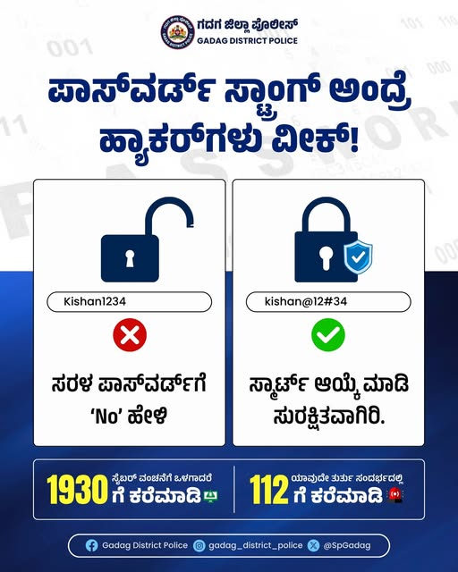 SpGadag's tweet photo. ಸಾಮಾನ್ಯ ಪಾಸ್ವರ್ಡ್ಗಳನ್ನು ಬಳಸಬೇಡಿ. ಅಕ್ಷರಗಳು, ಸಂಖ್ಯೆಗಳು ಮತ್ತು ಚಿಹ್ನೆಗಳ ಸಂಯೋಜನೆ ಹೊಂದಿರುವ ಬಲವಾದ ಪಾಸ್ವರ್ಡ್ ಬಳಸಿ ನಿಮ್ಮ ಮಾಹಿತಿಯನ್ನು ಸುರಕ್ಷಿತವಾಗಿಡಿ. 📷 Weak passwords = Easy target! Strong passwords = Strong protection! @IgpBelagav #PasswordSafety #CyberAwareness #Gadagdistrictpolice https://t.co/PjB0nzdTfS