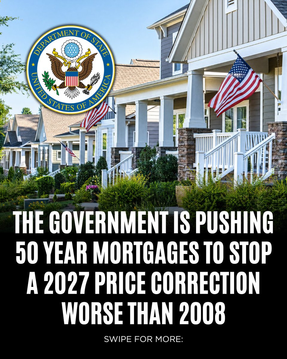 erichustls's tweet photo. The real estate market is dead. 

Interest rates are through the roof.

Housing prices are crashing down.

And the government is pushing 50 year mortgages to stop it. 

Here’s why 2027 will have the worst price correction in history (even worse than 2008): https://t.co/FlfRxNjpF9