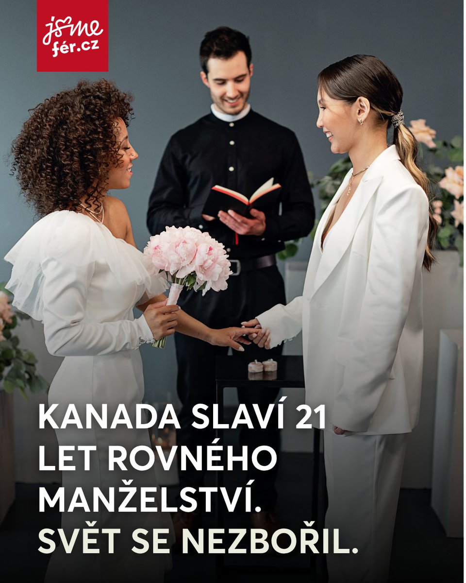 JsmeFer's tweet photo. Včera uplynulo přesně 21 let, co v Kanadě začalo platit rovné manželství. Už 21 let si tam lidé mohou vzít toho nebo tu, koho milují. Svět se nezbořil. Rodiny nezmizely. Páry, rodiny i děti žijí svoje životy s větší jistotou, důstojností a radostí. A přijetím společnosti. ❤️ https://t.co/FRRwZUKjwd