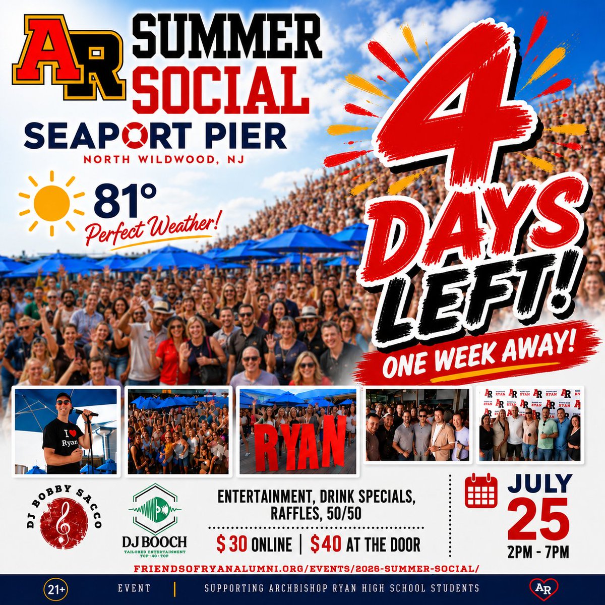 ARFriendsofRyan's tweet photo. Four more days!! 80 degrees and sunny!!
Share &amp; tag your friends! OR @Mention them in the comments!  Dare you! 
Summer’s biggest Ryan reunion is almost here… and you don’t want to hear about it—you want to be there!
Join classmates, friends, family, and the Ryan community for an https://t.co/sJu3vSbvyW