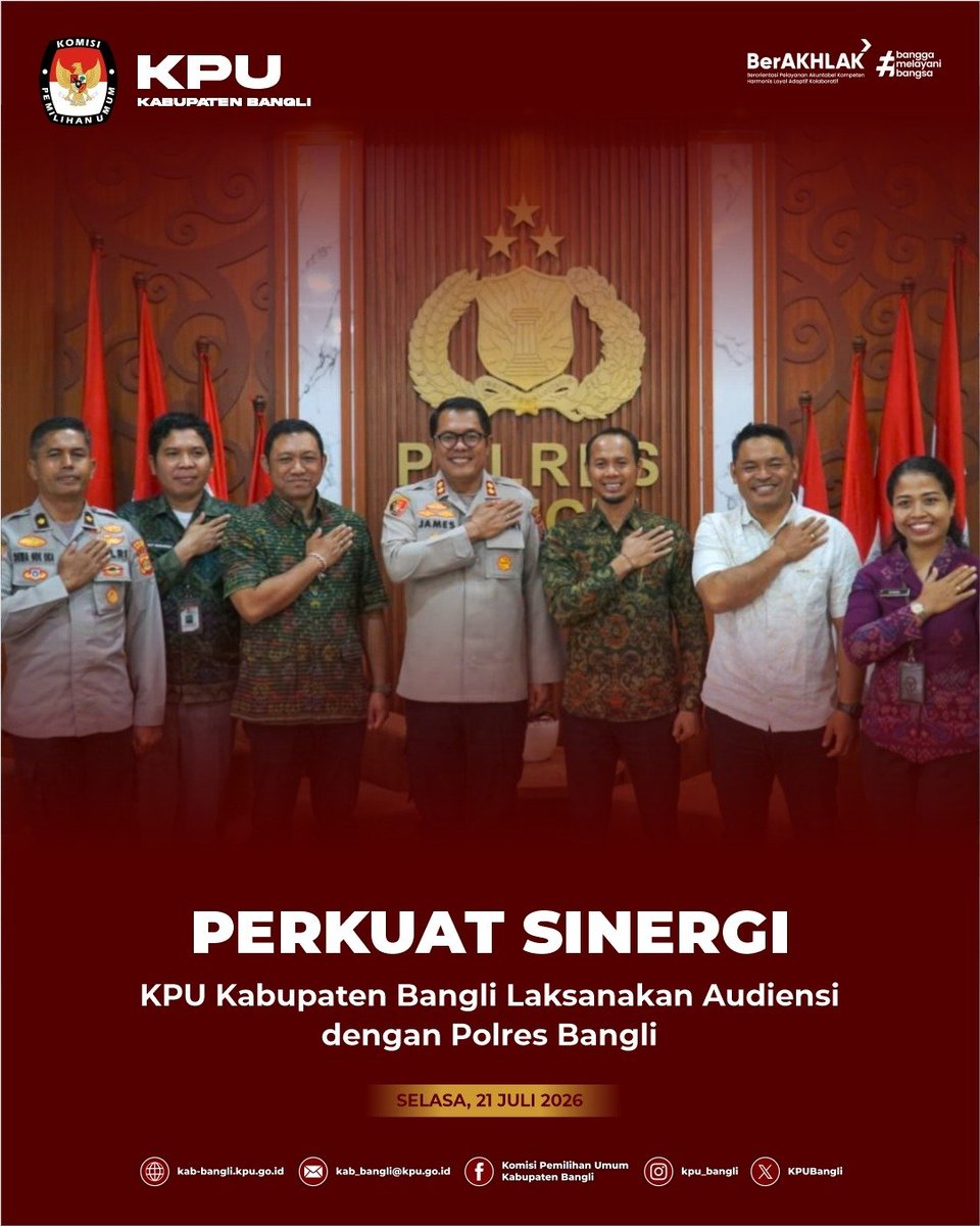 KPUBangli's tweet photo. KPU Kabupaten Bangli melaksanakan audiensi sekaligus penandatanganan Piagam Percepatan Pembangunan Zona Integritas (ZI) menuju WBK/WBBM bersama Polres Bangli, Selasa (21/7/2026). https://t.co/s9I13ROnfZ