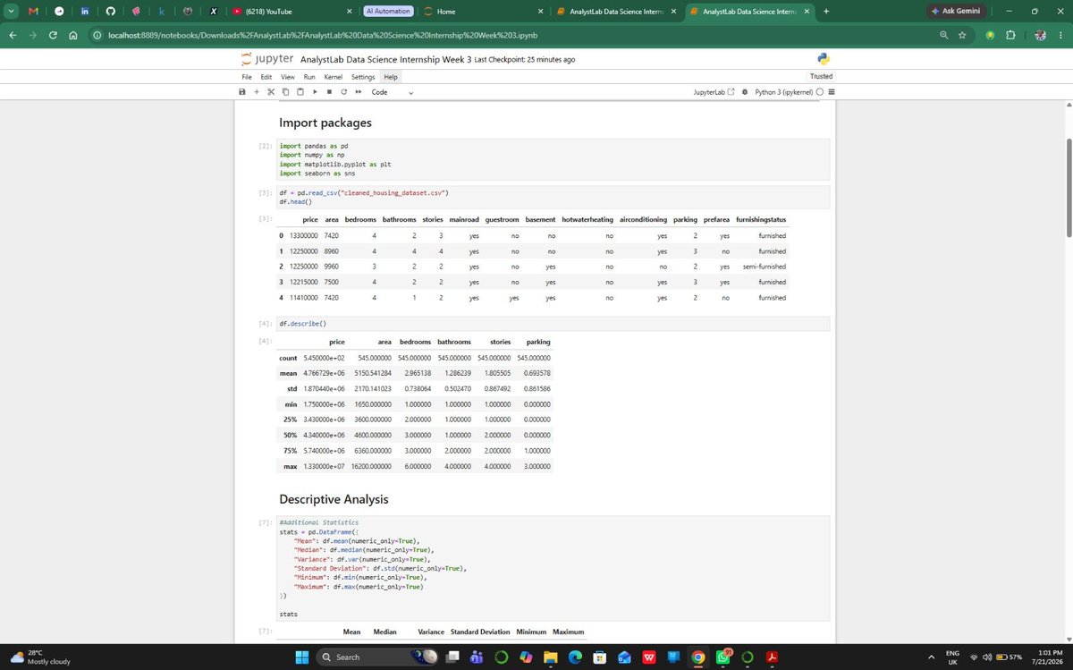Sureboy_PR's tweet photo. Another milestone unlocked!
I'm excited to have successfully completed Week 3 of the @analystlabafric Data Science Internship.
This week focused on Statistics for Data Science, where I applied statistical concepts to a real-world housing dataset by: https://t.co/rBKN4qylDk