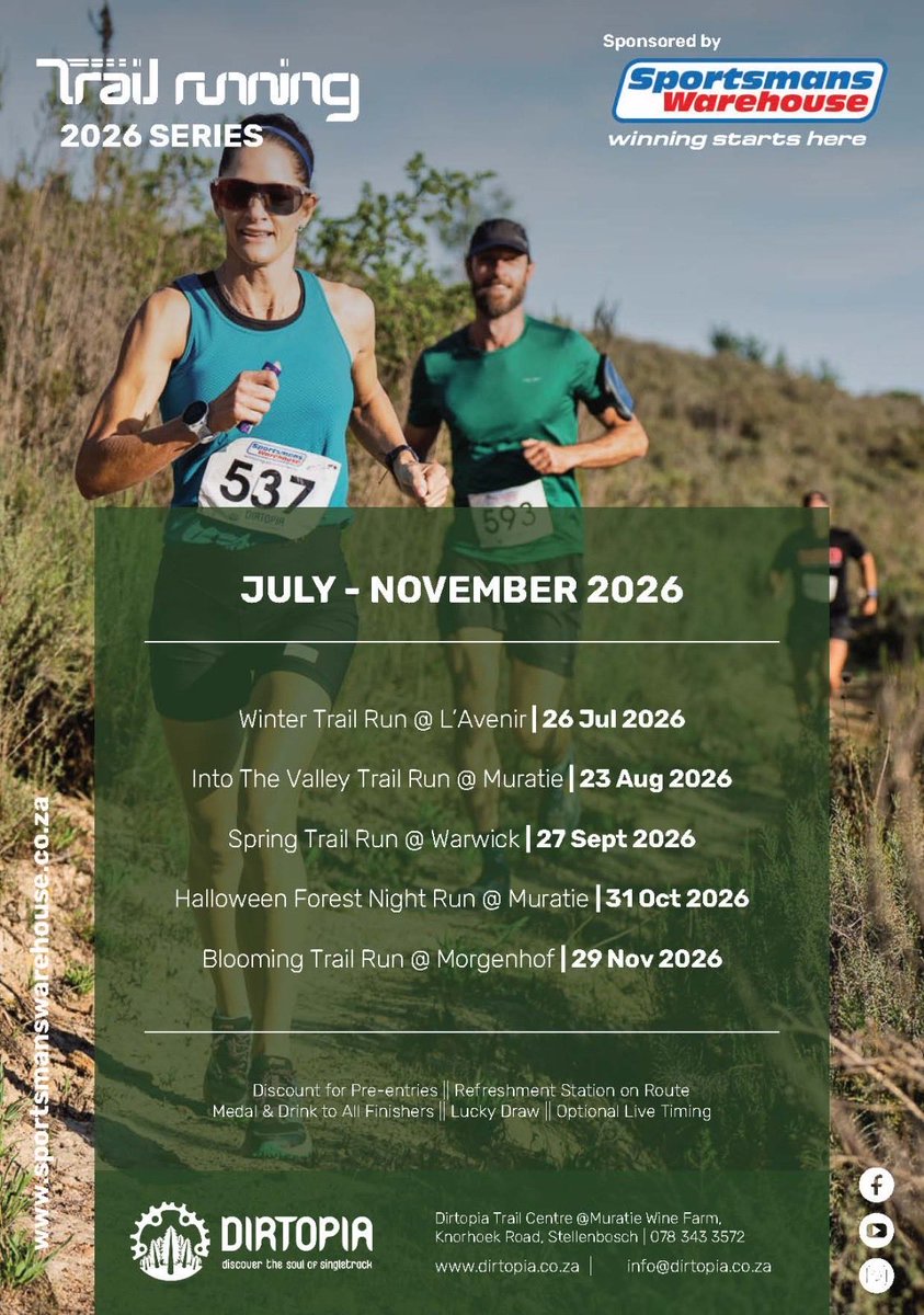 dirtopia's tweet photo. What the next few months look like on the #trailrun series by Sportsmans Warehouse calendar. Next event in Sunday 26 July. Winter sunshine promised - go enter for easy routes and 9am start. #prizes #medals #refreshments https://t.co/mZkrv8POyh