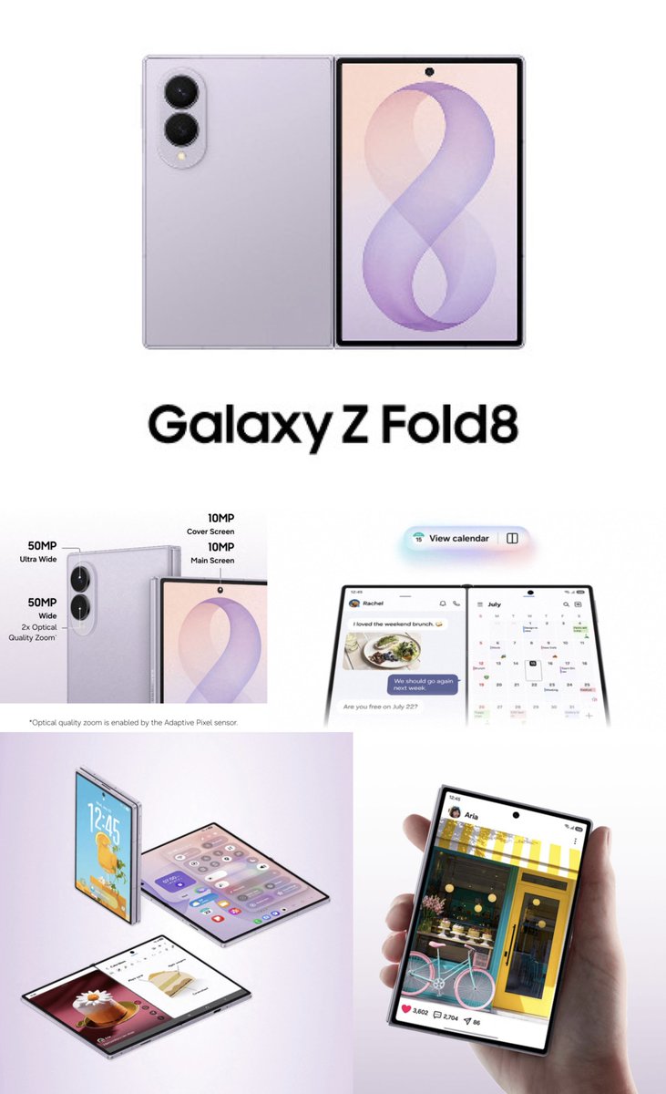 vinishkeshri12's tweet photo. #Samsung Galaxy Z Fold 8
• 5.5" 403ppi Cover | 7.6" 432ppi Flex Titanium Main 120Hz Dynamic AMOLED 2X
• SD 8 Elite Gen 5 for Galaxy
• 12/16GB & 256/512/1TB
• 50MP Main + 50MP UW
• 10MP + 10MP 🤳
• 4800mAh🔋+ 45W + 25W⚡
• 4.3mm unfolded | 9.7mm folded
• 201g
💰 ~$1899 https://t.co/6NkXNZOh8s