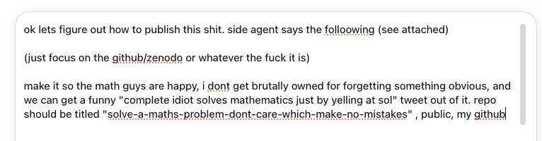 jjpcodes's tweet photo. 🚨🚨🚨 27 hour update: codex says 

"we have a complete computer-assisted proof of the fixed \(r=6\) Caccetta–Häggkvist case, rather than a counterexample."

i dont trust it at all. hell i dont even know what this problem is. someone tag the CEO of maths please. 

ill get codex to make a github so we can see if i end up famous or brutally owned.