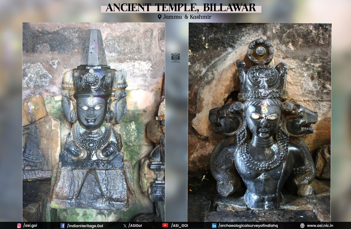 ASIGoI's tweet photo. According to local tradition, the Shiva Temple at Billawar in Kathua district of Jammu and Kashmir was built by King Babhruvahana, the son of Arjuna. The ancient settlement, once known as Belapur or Villapur, gradually came to be called Billawar.

Dating to the 10th-11th century CE, this west-facing temple depicts Nagara-style architecture and is dedicated to Lord Shiva. It stands on a raised platform and is celebrated for its harmonious architectural planning, intricate sculptural carvings, and elegant decorative features.

The temple comprises a garbhagriha, antarala, and mandapa. Its exterior is adorned with niches housing subsidiary deities, Dikpalas (guardian deities), and decorative rosettes, while the graceful curvilinear shikhara rises in ten tiers embellished with chaitya motifs. The sanctum features a lantern-type ceiling and enshrines a Shivlinga.

Though much of the original mandapa has not survived, archaeological excavations revealed the remains of its pillars, along with a buried western porch and staircase. Finely carved black stone sculptures further highlight the temple's artistic excellence, making it a remarkable example of early medieval temple architecture in the region.