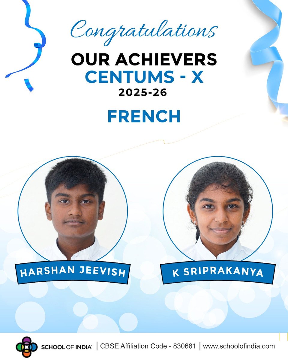 schoolofindia's tweet photo. Perfection Achieved. Excellence Celebrated.

A standing ovation to our brilliant Class X students who scored 100/100 in their respective CBSE Board Examination subjects! Your exceptional dedication, unwavering focus, and relentless pursuit of excellence have resulted in this extraordinary accomplishment.

Every centum reflects countless hours of hard work, the guidance of dedicated teachers, and the unwavering support of proud parents.

Congratulations to all our Centum achievers! May this remarkable milestone inspire you to aim even higher and continue creating new benchmarks of success.

Here's to excellence, determination, and limitless possibilities!

#SchoolOfIndia #CBSE2026 #CentumAchievers #AcademicExcellence #SOIProud