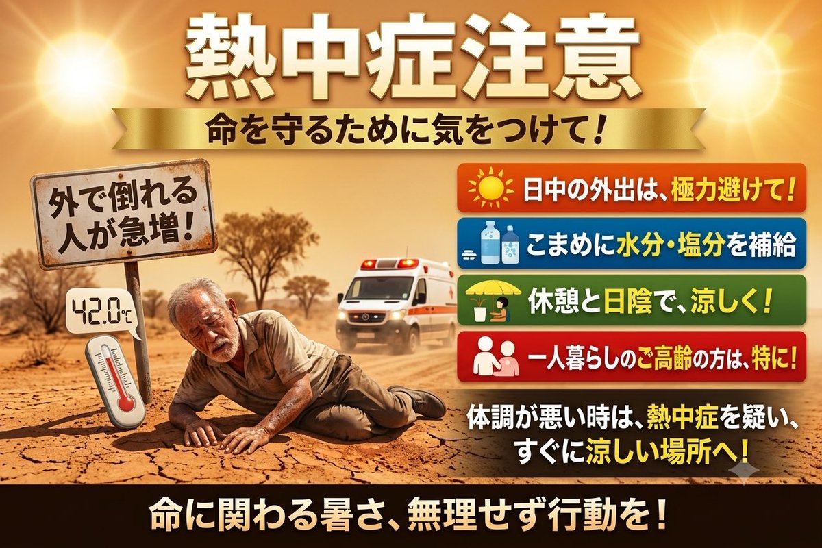 BrosKeiichi's tweet photo. 注意喚起！【危暑】外で倒れる人が続出しています‼ https://t.co/NNbu1EH3W9 https://t.co/x7VF7ynuJY