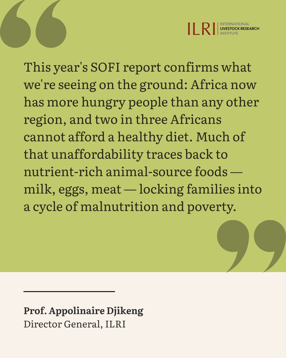 ILRI's tweet photo. The latest #SOFI report confirms a harsh reality: 2 in 3 Africans cannot afford a healthy diet, largely due to the high cost of nutrient-rich foods like milk, meat & eggs. This locks families into a cycle of malnutrition. But it doesn't have to be this way. 🌍

@FAO @WFP @WHO @UNICEF @IFAD