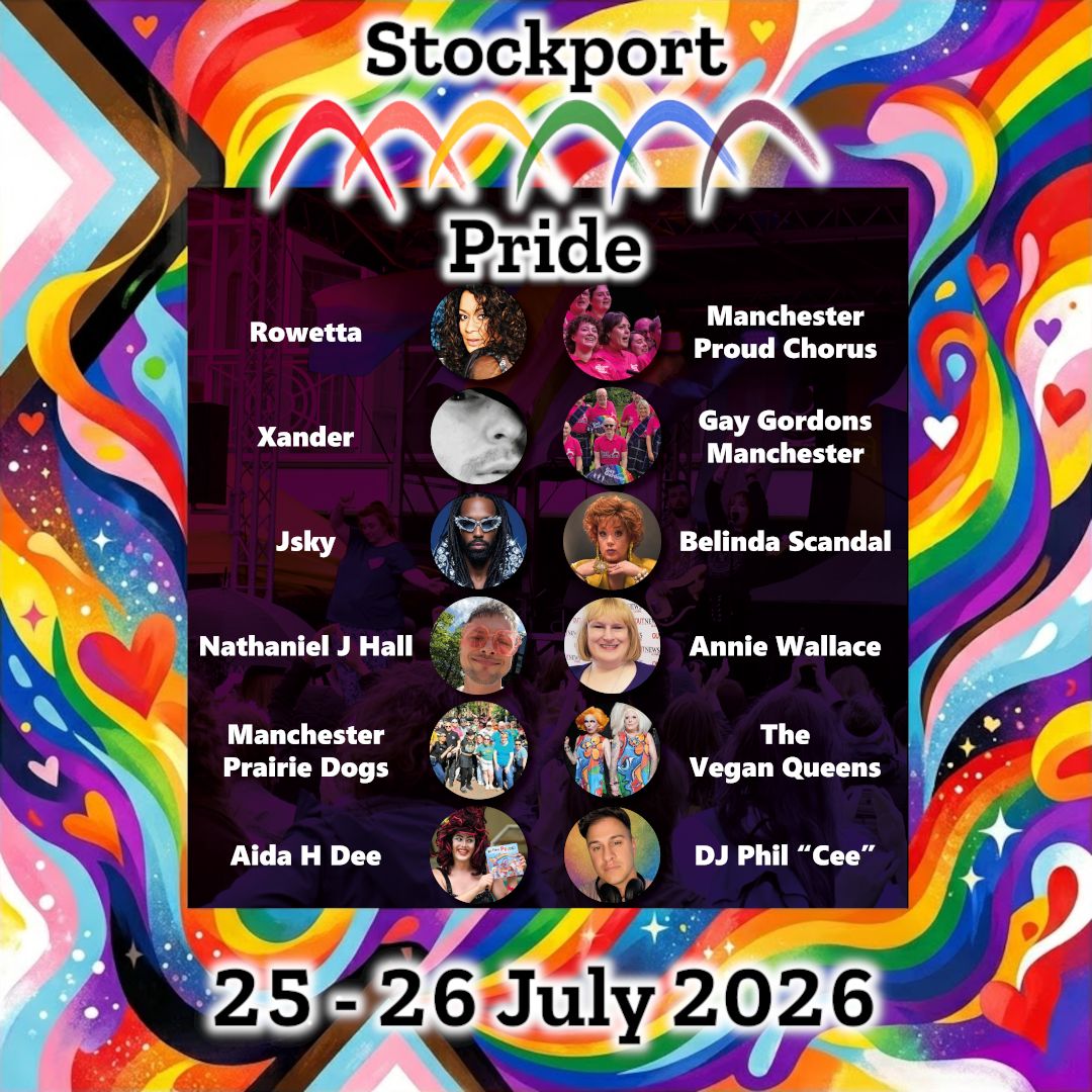 StockportPride's tweet photo. We've got loads of great people due on the Martyn Hett Stage this Sunday. 🏳️‍🌈🏳️‍⚧️ Join us in Stockport's Historic Market Place from 11am to 7pm. Also on stage throughout the day will be Community Spotlight Speakers. 🗣️ All performances will be BSL interpreted. 👍 See you there! https://t.co/6YMTKw4ZSm