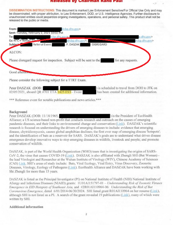 boriquagato's tweet photo. well, isn't that peculiar.  the guy who developed and funded the work that created the c-19 virus in a lab in china was set up for scrutiny by the FBI upon his return, in 2021, from the lab.  in china.  where the virus was created.

they were told to stand down by some sort of higher up at customs and border patrol ay DHS.

apparently, getting a look at what he knew and what he was carrying was a no-no?

huh.  why, it's almost as if they knew the "lab leak" story was false all along... 

here's what i want to know:  "subject will be sent to the <redacted> for any requests."

who or what was redacted?  that's the map to the culprit.