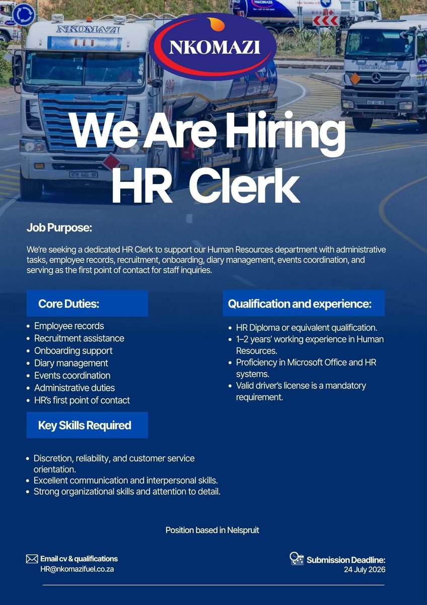 RMakukuli's tweet photo. Nkomazi Fuel & Oil is looking for qualified and motivated candidates to join the team.

Available Positions:
• HR Clerk
• HR Officer

📅 Closing Date: 24 July 2026

📧 Send your CV and supporting documents to: hr@nkomazifuel.co.za

👉 Only shortlisted candidates will be contacted.

📢 Share this opportunity with someone who may be interested.