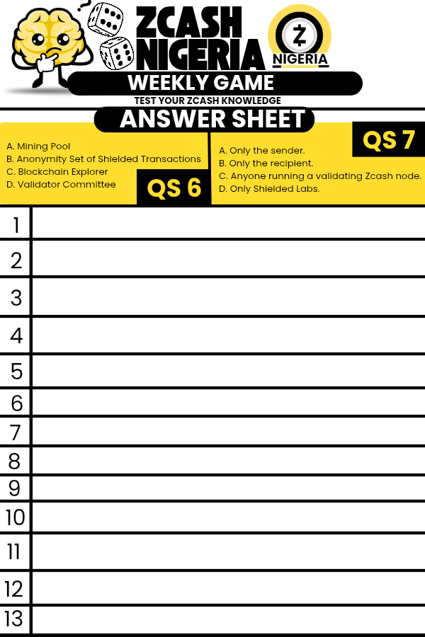 ZcashNigeria's tweet photo. 🚨 Hey Zcashers! It's a brand new week and another opportunity to participate in the #ZcashNigeriaWeeklyGame! 🛡️💚

This week's challenge is simple: answer the questions provided in the image below. To make things easier, we've included a helpful hint for each question.

📝 How to participate:

👉Download the "Answer Sheet" image.

👉Fill in your answers on the answer sheet.

👉Post your completed answer sheet (image) and texts in the comments.

👉Include your Zcash shielded address in your comment to qualify for rewards.

📌 Rules:
✅ Follow @ZcashNigeria
✅ Like and Repost this post
✅ Share the link to your submission on the Zcash Nigeria Telegram group

Join Zcash Nigeria telegram group via the link below 👇
https://t.co/pkrsgAt7NT

Good luck to everyone! We can't wait to see your entries. Stay shielded! 🛡️❤️
#Zcash #ZEC #Web3 #Crypto #Privacy #ZcashNigeriaWeeklyGame