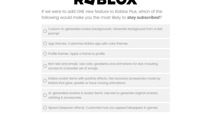 ryanwritescode's tweet photo. @Bloxy_News Remember Roblox's survey to Plus users last month? If not, here's that survey again. Look at the first option. It's pretty self-explanatory. https://t.co/C5UgbRrNgQ