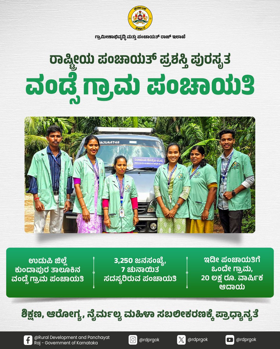 rdprgok's tweet photo. ಉಡುಪಿ ಜಿಲ್ಲೆ ಕುಂದಾಪುರ ತಾಲೂಕಿನ ವಂಡ್ಸೆ ಗ್ರಾಮ ಪಂಚಾಯತಿಯು 2025ನೇ ಸಾಲಿನ ದೀನ್ ದಯಾಳ್ ಉಪಾಧ್ಯಾಯ ಪಂಚಾಯತ್ ಸತತ್ ವಿಕಾಸ್ ಪುರಸ್ಕಾರದ ಆರೋಗ್ಯಕರ ಗ್ರಾಮ ಪಂಚಾಯತಿ ವಿಭಾಗದ ಪ್ರಶಸ್ತಿ ಪಡೆದು ಮಾದರಿಯಾಗಿದೆ. ಸ್ವಚ್ಛ ಮತ್ತು ಆರೋಗ್ಯ ಗ್ರಾಮ ನಿರ್ಮಾಣ ಪಂಚಾಯತಿ ಗುರಿಯಾಗಿದೆ.
#RDPR #CleanAndHealthyEnvironment
@eshwar_khandre https://t.co/vI6YEBU8de