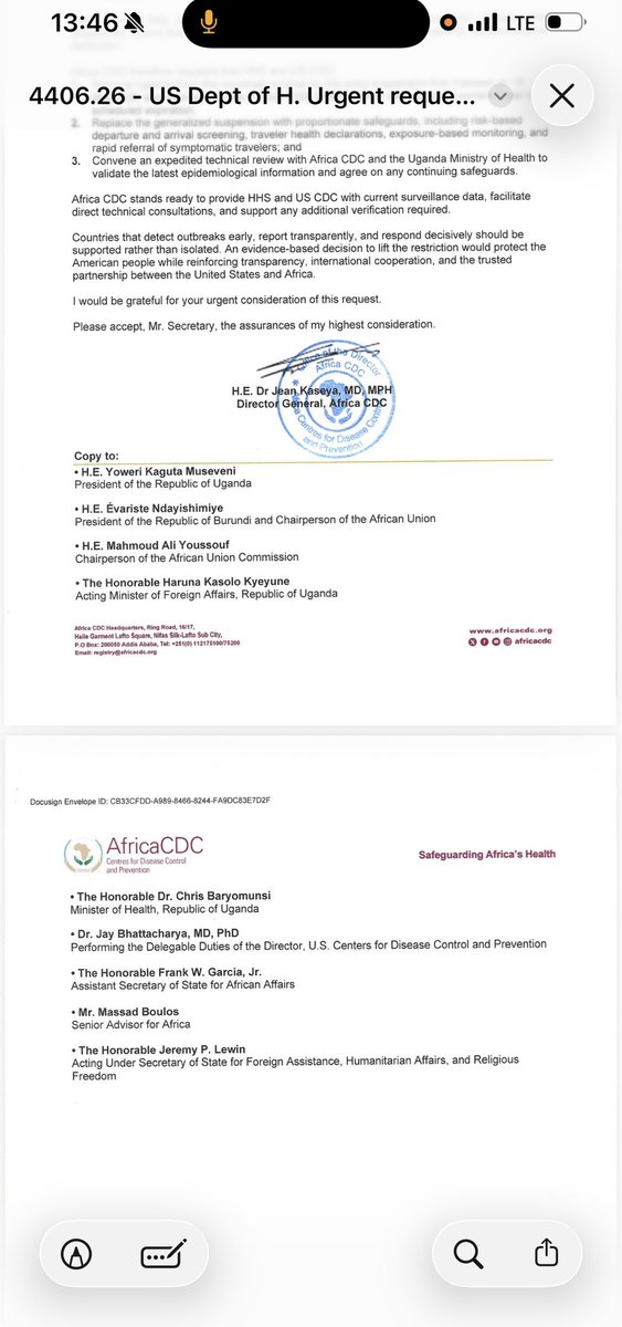 pascal_mulegwa's tweet photo. #Ebola : @AfricaCDC demande officiellement aux États-Unis de retirer l’Ouganda 🇺🇬 de la liste des pays frappés par les restrictions d’entrée liées à Ebola. Selon une lettre adressée au secrétaire américain à la Santé, Kampala n’a enregistré aucun nouveau cas confirmé depuis le 21 juin, a achevé le suivi de ses contacts et ne compte plus de patients en traitement. L’institution africaine plaide pour une évaluation fondée sur le risque plutôt qu’une suspension généralisée.