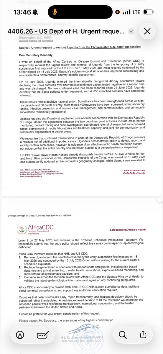 pascal_mulegwa's tweet photo. #Ebola : @AfricaCDC demande officiellement aux États-Unis de retirer l’Ouganda 🇺🇬 de la liste des pays frappés par les restrictions d’entrée liées à Ebola. Selon une lettre adressée au secrétaire américain à la Santé, Kampala n’a enregistré aucun nouveau cas confirmé depuis le 21 juin, a achevé le suivi de ses contacts et ne compte plus de patients en traitement. L’institution africaine plaide pour une évaluation fondée sur le risque plutôt qu’une suspension généralisée.