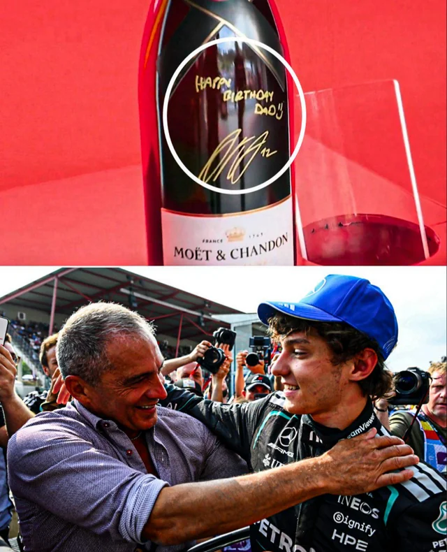 f1rtp's tweet photo. Escrito na garrafa de champagne da vitória m Spa, "Parabéns Pai". O triunfo aconteceu no dia de aniversário de Marco Antonelli o pai de Andrea Kimi 
que disputou 4 épocas no Campeonato Italiano de Superturismo (92/96) e fez corridas na GT3 como *gentleman driver*. https://t.co/mhnN4KSq3f