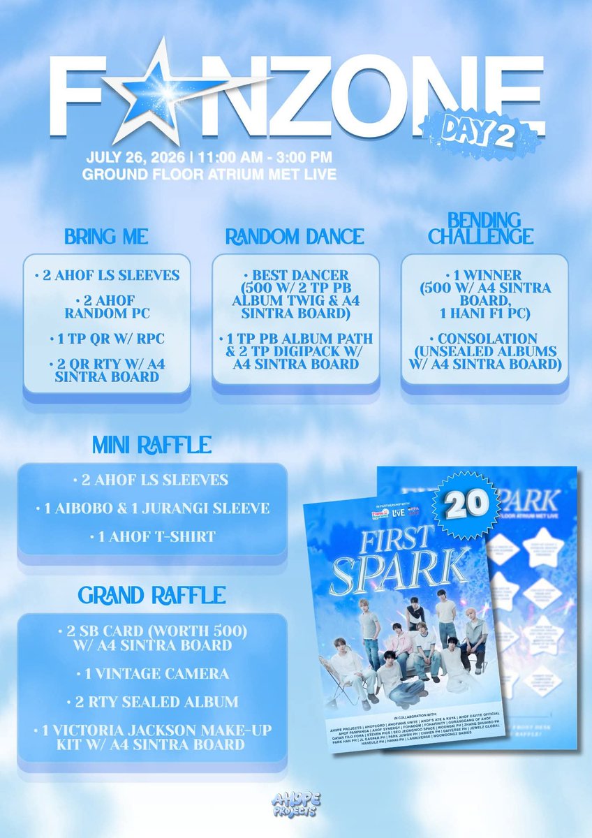 ah9peprojects's tweet photo. DAY 4: FANZONE PRIZES

LUCK IS ABOUT TO SPARK! 

FOHAs, are you ready to test your luck? 

Join our Raffles & Games at THE SPARKS IN MANILA FANZONE for a chance to win exciting prizes and exclusive surprises!

Play.
Win.
Celebrate.

The next lucky winner could be YOU! 

A huge thank you to our generous donors and sponsors for making these amazing prizes possible. Your support means so much to every FOHA! 

📍 Met Live Mall – Ground Floor Atrium
🗓️ July 25–26, 2026
🕚 11:00 AM – 3:00 PM

Your one-stop guide to the Fanzone:

https://t.co/GpoxQTOLkG

Don’t miss out come, have fun, and let luck spark your day!

#AHOF1stTOUR_Manila
#THE_FIRST_SPARK
#THE_FIRST_SPARK_IN_Manila
#AHOF  #아홉