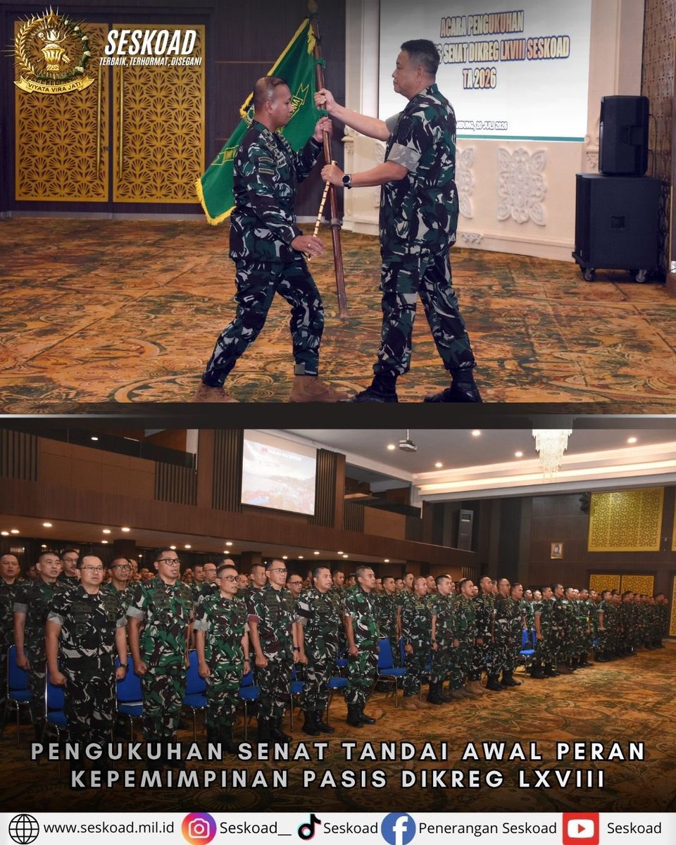 seskoad__'s tweet photo. *Pengukuhan Senat Tandai Awal Peran Kepemimpinan Pasis Dikreg LXVIII*

Bandung, 20 Juli 2026 – Komandan Seskoad, Mayjen TNI Dr. Agustinus Purboyo, S.I.P., https://t.co/edWWSlLWH2.(Han)., mengukuhkan Senat Pasis Dikreg LXVIII Seskoad. https://t.co/uSGGyC7BVm