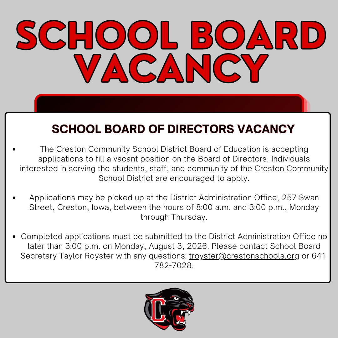 CCSD_Panthers's tweet photo. NOTICE OF SCHOOL BOARD DIRECTOR VACANCY

The Creston Community School District Board of Education is accepting applications to fill a vacant position on the Board of Directors. Individuals interested in serving the students, staff, and community of the Creston CSD https://t.co/YljQxoSpmb