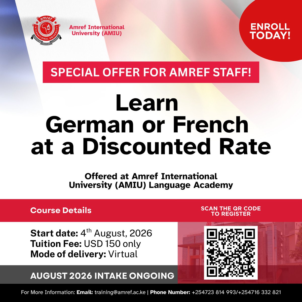 AmrefUniversity's tweet photo. Learn a new language and unlock global opportunities! Amref staff can now enroll for German or French at a discounted rate through the AMIU Language Academy. 

Virtual classes start on 4th Aug 2026. Register today https://t.co/uQncAfaYGR 🇩🇪🇫🇷
#LanguageLearning #AMIU4PHC https://t.co/5qYuAhM5ae