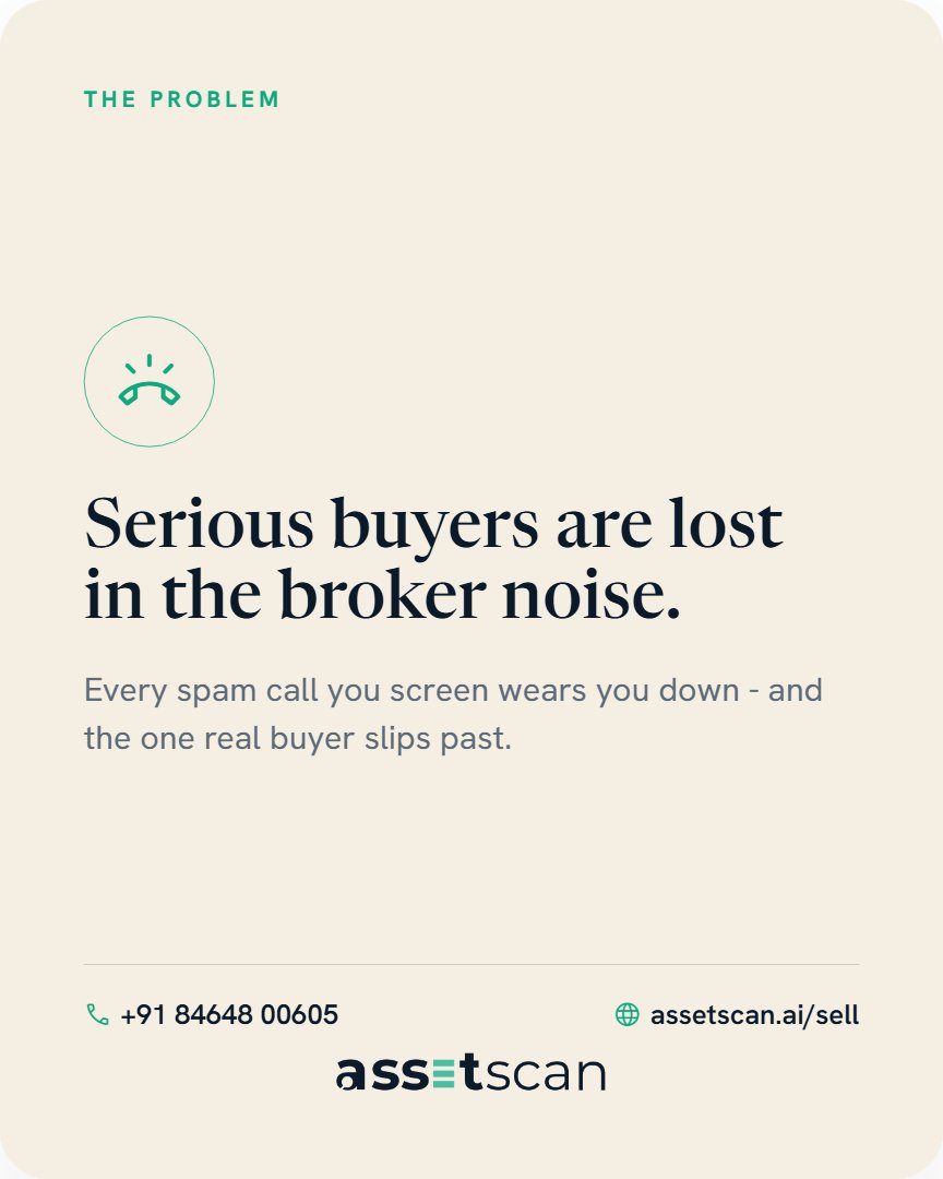 _assetscan_'s tweet photo. The problem isn't getting enquiries.

It's filtering them.

AssetScan Elite puts a real person between your phone and the internet.

✔️ Buyer screening
✔️ Verified leads
✔️ Live dashboard
✔️ You decide if brokers are involved

📞+91 8464800605 | https://t.co/SImenmsVc3 https://t.co/WzB1vd8FKQ