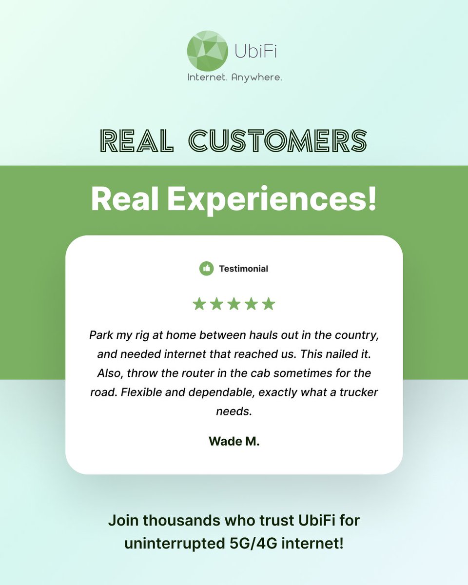 UbifiL90575's tweet photo. Don't just take our word for it.

The best proof is our customers. Discover why UbiFi is trusted for reliable RV and rural internet. 

#UbiFi #RVLife #RuralInternet #TruckerLife #StayConnected https://t.co/JFuNxSdvo9