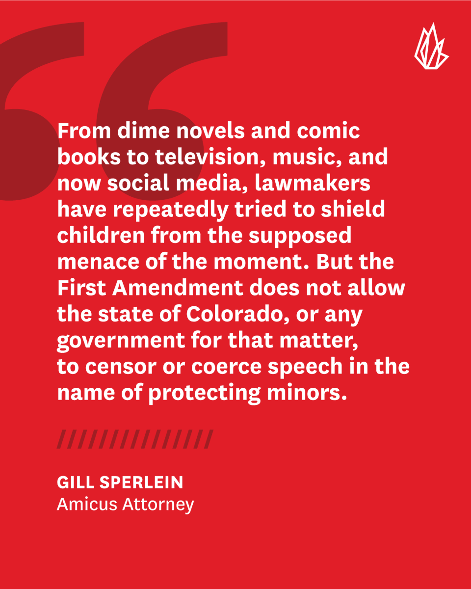 TheFIREorg's tweet photo. A 2024 Colorado law requires social media platforms to display a warning to teenagers that social media is harmful to their health. But compelled speech is blatantly unconstitutional — so FIRE filed a friend of the court brief with a federal appeals court last Friday, joined by the ACLU, ACLU of Colorado, the Electronic Frontier Foundation, and @WoodhullFreedom.