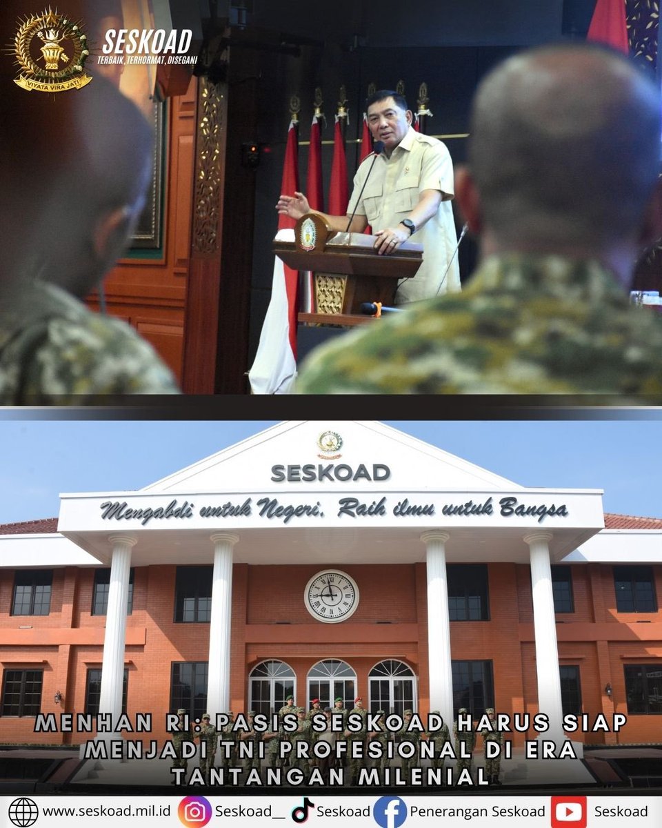 seskoad__'s tweet photo. *Menhan RI: Pasis Seskoad Harus Siap Menjadi TNI Profesional di Era Tantangan Milenial*

Bandung, 21 Juli 2026 – Menteri Pertahanan RI Jenderal TNI (Purn.) Sjafrie Sjamsoeddin memberikan kuliah umum kepada Pasis Dikreg LXVIII Seskoad. https://t.co/0i5K0gAdvo