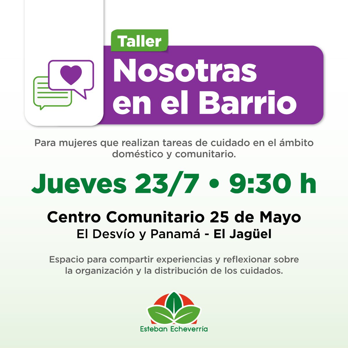 MunicipioEE's tweet photo. 💜 Te invitamos a participar de “Nosotras en el Barrio”, un espacio para compartir experiencias y reflexionar sobre las tareas de cuidado en el ámbito doméstico y comunitario.
🗓️ Jueves 23/7.
⏰ 9:30 h.
📍Centro Comunitario 25 de Mayo, El Desvío y Panamá, #ElJagüel. https://t.co/maQG825NAl