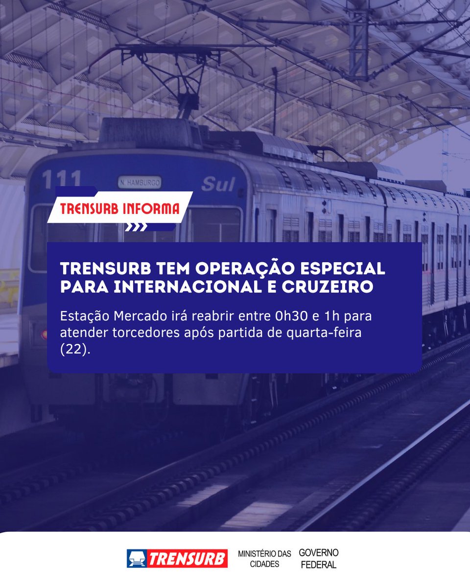 Trensurb's tweet photo. #TrensurbInforma Operação especial para atender o público ao fim da partida entre Internacional e Cruzeiro, disputada nesta quarta-feira (22), a partir das 21h30, no Estádio Beira-Rio. Veja como vai ser:
+ https://t.co/UBehvL2HLI