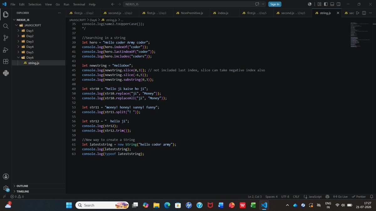 ArpitKumar4527's tweet photo. Day 37 of my Web Development Journey 🚀
Today I learned JavaScript Strings—declaring strings, string methods, searching, extracting, replacing, splitting, trimming, and creating strings using the new keyword. ✨💻

COMPLETED Lecture 6:✅

#JavaScript #WebDevelopment #string https://t.co/cQ4crc94Cv