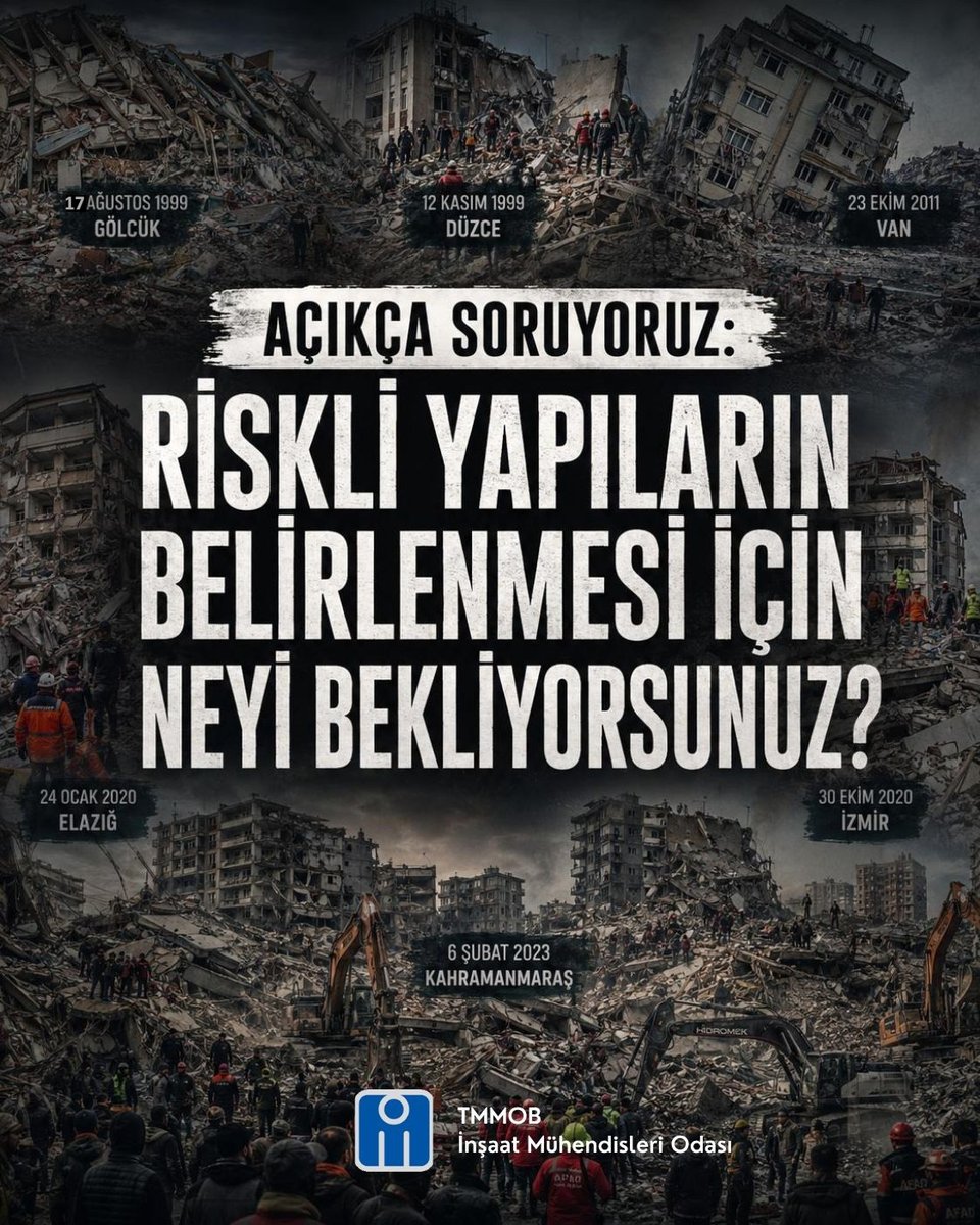 imomerkez's tweet photo. 🔶🔸Açıkça Soruyoruz: Riskli Yapıların Belirlenmesi İçin Neyi Bekliyorsunuz❓
TMMOB İnşaat Mühendisleri Odasının Ülkemizde Yapı Stoku Envanterinin çıkarılması ile ilgili 21 Temmuz 2026 tarihinde yaptığı açıklama.📅

Bir toplumun gelişmişliği; yalnızca ne kadar çok sayıda, yükseklikte veya hızlı yapı üretebildiğiyle değil, sahip olduğu yapı stokunu ne ölçüde tanıdığı, izlediği ve bu bilgiye dayanarak yurttaşlarının can ve mal güvenliğini ne kadar koruyabildiğiyle ölçülür.

Deprem doğanın kaçınılmaz bir gerçeğidir. Afet ise doğanın değil; riskleri öngöremeyen, yapılarını yeterince tanımayan ve gerekli önlemleri zamanında alamayan yönetim anlayışının sonucudur. Aynı büyüklükteki iki depremden birinin binlerce can kaybına yol açarken diğerinin yalnızca kısa süreli yaşam kesintilerine neden olması, sadece fayların farklı davranmasından değil; kentlerin ne kadar bilinçli planlandığından, yapı stokunun ne kadar iyi tanındığından ve risklerin ne ölçüde yönetilebildiğinden kaynaklanmaktadır.👇
https://t.co/ums62w0lQ2
#talebimizgelecegimiz