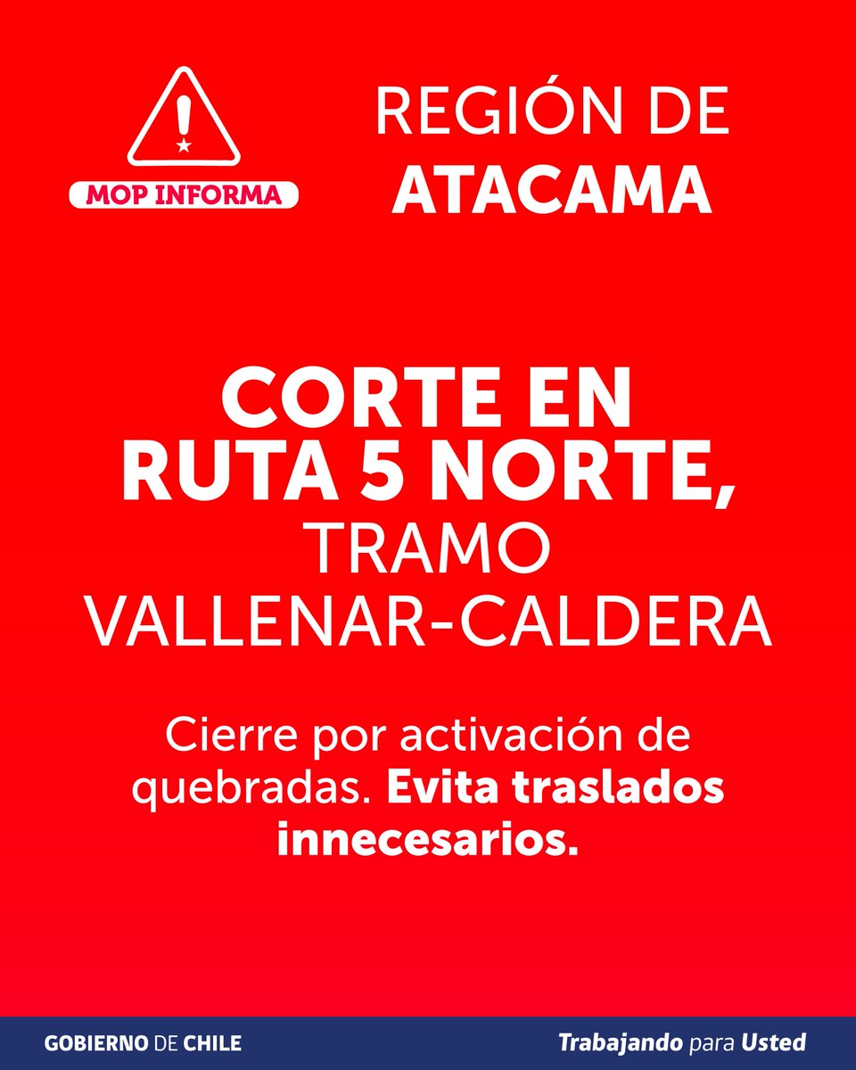mop_chile's tweet photo. Múltiples cortes en la Ruta 5 Norte, tramo Vallenar-Caldera. Evita los traslados innecesarios.

Seguimos desplegados ante esta emergencia. 

#JuntosChileSeCuida https://t.co/2aP61aHPpO