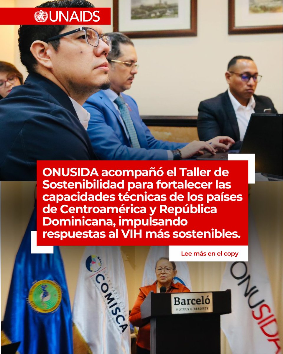UnaidsLac's tweet photo. 1/2
#NotaInformativa I 📝ONUSIDA participó en el Taller de Sostenibilidad organizado por el MCR de @SECOMISCA. 

🤝El encuentro permitió fortalecer las capacidades técnicas de los equipos nacionales de Centroamérica y RD, para medir la sostenibilidad de la respuesta al VIH 🎗️ https://t.co/x7YG4gLAkb
