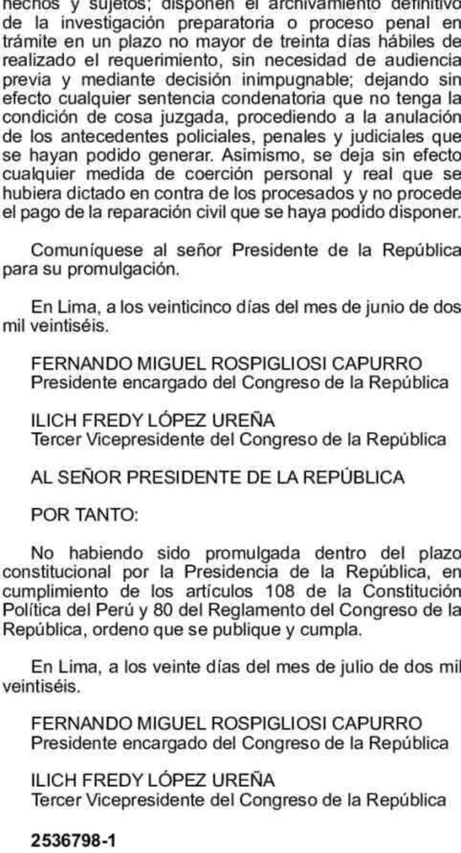 Frospigliosi's tweet photo. Es ley! Se publicó hoy en El Peruano la ley 32735 que promulgué, que devuelve las facultades al Tribunal Militar Policial, como lo establece el artículo 173 de la Constitución. Basta de abusos contra las FFAA y PNP! Hay que restablecer la legalidad pisoteada por la mafia caviar/comunista!