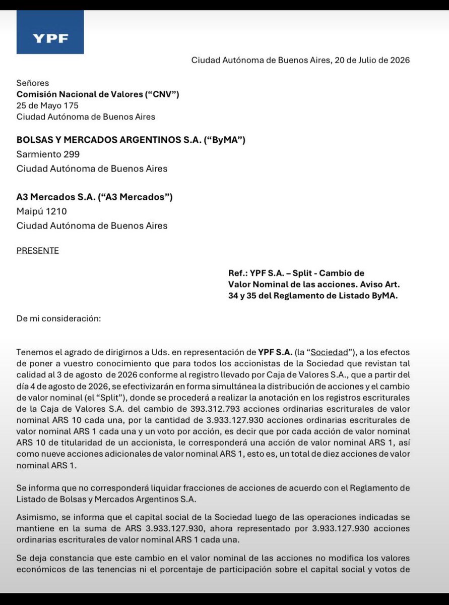 tealdif's tweet photo. YPF SA $YPF anuncia split de acciones. 

Para los de Boke aclaro: No ganas plata. No perdes plata. 

Tu porcentaje de participación en la empresa sigue siendo exactamente el mismo.

Ejemplo:

Antes: 50 acciones × $100.000 = $5.000.000

Después: 500 acciones × $10.000 = $5.000.000

¿Para qué hacen esto?

Porque una acción más barata suele ser más accesible para inversores pequeños y puede mejorar la liquidez (que haya más operaciones). El valor total de la empresa no cambia por el split.