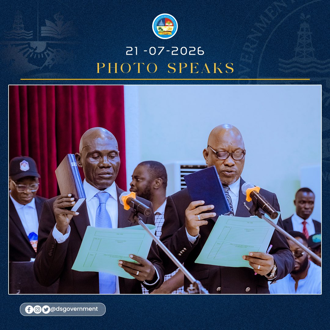 DSGovernment's tweet photo. Effective governance is built on the strength of capable people, and today, His Excellency, Rt. Hon. Sheriff Oborevwori reinforced that commitment with the swearing-in of Mr. Brave Oyinkore Enodeh and Mr. Ogodo Emokiniovo Moses as Commissioners; Mr. Cosmas Igbenije as a member of the Delta State Oil Producing Areas Development Commission (DESOPADEC) Governing Board; and Joseph Obiananma Ojobo Esq., Chief James Omanudhowho Obeuwou, and Barr. Fun-Ebi Edonyabo as members of the Delta State Judicial Service Commission.

Governor Oborevwori stated that the appointments were guided by competence, fairness, and integrity, reflecting his administration’s commitment to strengthening public institutions with capable hands.

Congratulating the appointees, the Governor urged them to serve with integrity, diligence, and an unwavering commitment to the people of Delta State.