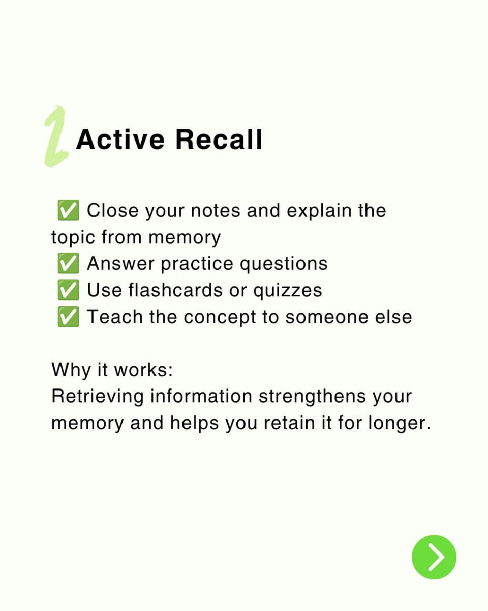BouncingStats's tweet photo. Instead of simply rereading your notes, challenge yourself to remember what you have learned. Close the book, answer a few questions, or explain the topic in your own words. Every time you recall information, you strengthen your memory and improve long term retention.

#StudyTips https://t.co/b6NqiOMWo9
