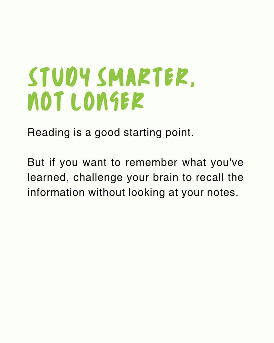 BouncingStats's tweet photo. Instead of simply rereading your notes, challenge yourself to remember what you have learned. Close the book, answer a few questions, or explain the topic in your own words. Every time you recall information, you strengthen your memory and improve long term retention.

#StudyTips https://t.co/b6NqiOMWo9