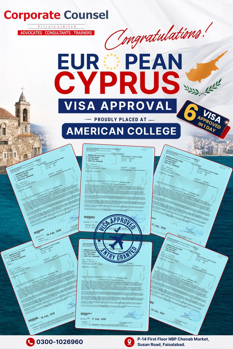 Corporatefsd's tweet photo. X

🇨🇾 Another successful day at Corporate Counsel! 🎉Congratulations to our students on securing 6 European Cyprus Visa Approvals in just one day, proudly placed at American College.📞 0300-1026960  #StudyInCyprus #StudyAbroad #VisaSuccess  #CorporateCounsel #EuropeEducation https://t.co/TeiQpVTBE4