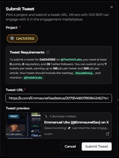 EmmaunelSax's tweet photo. The latest Social Mining V2 update from @TheDAOLabs isn't just another UI refresh.

It's focused on making every contributor's work more visible, every action easier to manage, and every reward more transparent.

Here are the features I'm most excited about👇

🛒 Marketplace Gets Smarter

The Engagement Marketplace is becoming the true command center for Social Mining.

New additions include:
✅ Better navigation
✅ More flexible task management
✅ Cleaner contribution tracking
Result?
Less confusion. More productivity. Better rewards.

📡 Never Miss Activity Again

Three features work together:
🔔 Radar Pulse
🔴 Unread Marketplace Badge
📲 Marketplace Reel

Now you instantly know:
• when validations arrive
• when new work is available
• where to jump next

No more constantly refreshing the dashboard.

👋 Wave Status
One feature I really like is Wave.
Instead of wondering who's available, contributors can simply wave to signal they're active.

Simple...but incredibly useful for validators and community collaboration.

🎯 Better Quality Control
The new Wallchain score requirement protects the marketplace.

Instead of rewarding spam,
the system encourages genuine contributors with stronger reputations.

Quality > Quantity.

That's a healthier ecosystem for everyone.

🔄 Smarter Tweet Management

A few upgrades I found useful:
✔ Tweet reassignment to trusted connections
✔ High Wallchain users can fast-track tweet submissions

This gives experienced contributors more flexibility while keeping quality standards high.

📊 Better Insights Into Your Progress
Your dashboard now tells a much clearer story.

You can now view:

💰 Latest payouts
📈 Activity breakdowns
📋 Account summaries

Instead of wondering how you're performing...
you can actually measure it.

Opportunity Reels

The new reels help contributors stay ahead.
You'll now see:

⏳ Live campaign countdowns
📅 Scheduled admin tasks
📢 Upcoming opportunities

Everything becomes easier to plan instead of reacting at the last minute.

More Ways To Contribute
Sharing is now more flexible.
Instead of being limited, contributors can choose platforms like:

🐦 X
💻 GitHub
📧 Email
👽 Reddit

This makes campaigns much more adaptable for different communities.

📝 Better Surveys & Task Support
Small improvements often make the biggest difference.

Now we have:
✅ Survey step counters
✅ Per-connection reward tracking
✅ Reapply after rejection
✅ Admin editing for minor submission errors

These updates reduce unnecessary frustration while improving accuracy.

My biggest takeaway?
This update isn't about adding more buttons.

It's about giving contributors more control, clearer feedback, better visibility, and fairer rewards.

That's exactly how a mature Social Mining ecosystem should evolve.

If you're not part of the movement yet, now is a great time to explore what @TheDAOLabs is building.

#SocialMining