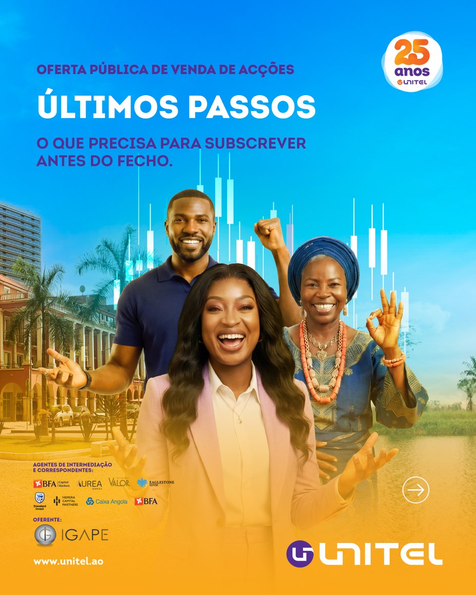 IGAPE_Angola's tweet photo. Últimos dias da #OPVUNITEL.
Consulte o Prospecto, esclareça as suas dúvidas e tome uma decisão informada.
#UNITEL #UNITELAngola #MercadoDeCapitais #Investimento #Angola https://t.co/UnEY2B5bsK