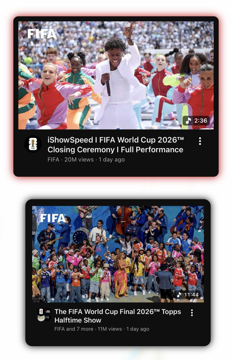 IShowSpeedHQ's tweet photo. 🚨| BREAKING: Speed’s World Cup Closing Ceremony performance drew more views than the World Cup Halftime Show, reaching OVER 20,000,000 VIEWS in just 24 hours 🤯🔥

THE GREATEST TO EVER DO IT 🐐💫 https://t.co/WBGt2zi0FE